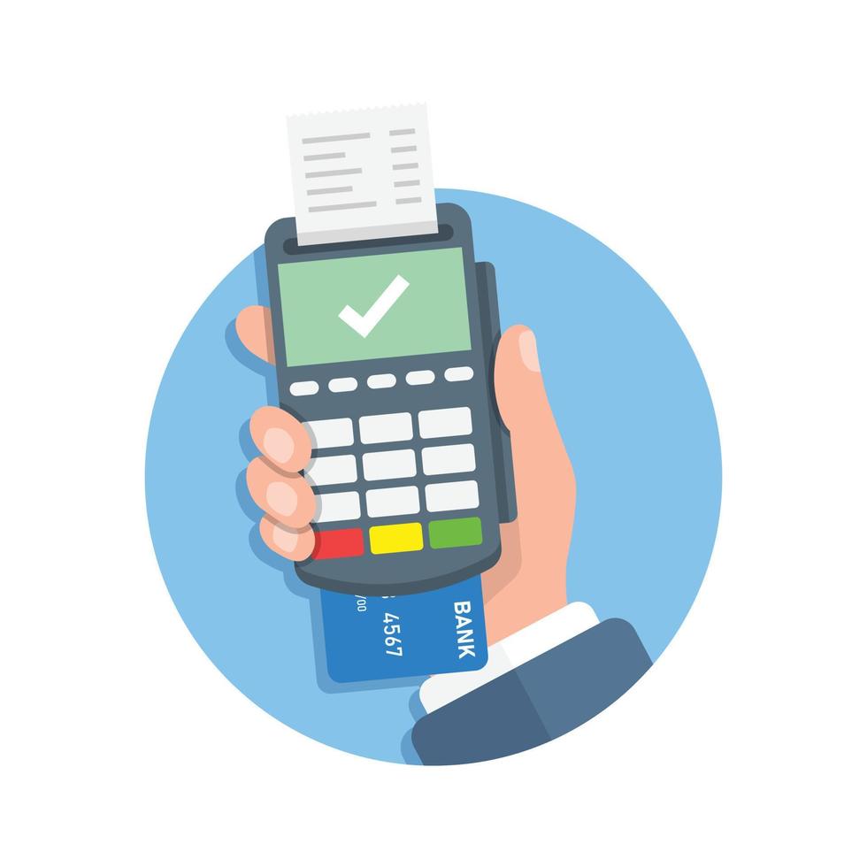 Male hand holding POS payment machine icon in flat style. Online payment vector illustration on isolated background. Banking transaction sign business concept.