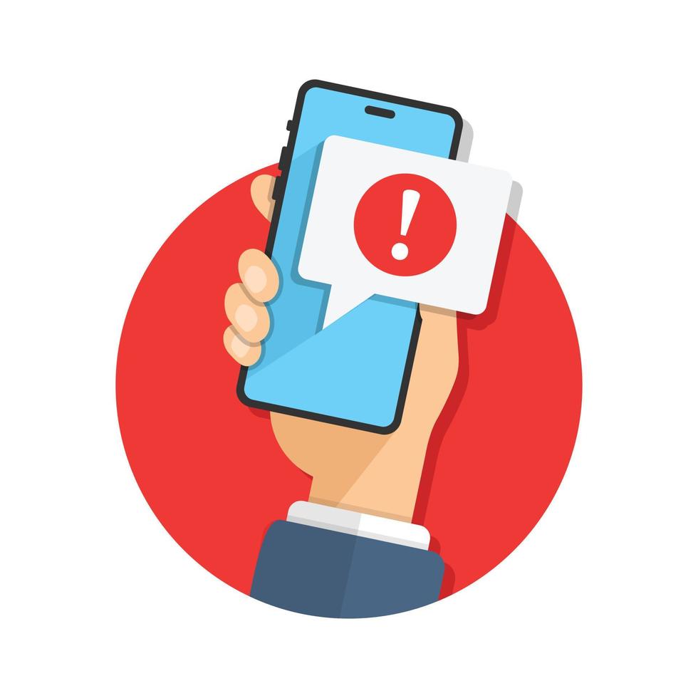 Phone notifications icon in flat style. Smartphone with exclamation point in hand vector illustration on isolated background. Spam message sign business concept.