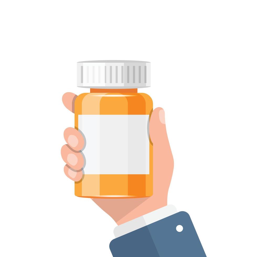 Pill bottle in hand illustration in flat style. Medical capsules vector illustration on white isolated background. Pharmacy sign business concept.
