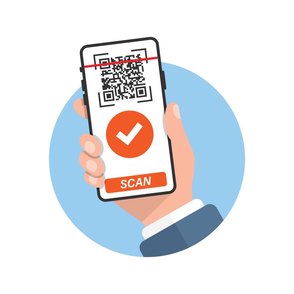 QR code scan illustration in flat style. Mobile phone scanning vector illustration on isolated background. Barcode reader in hand sign business concept.