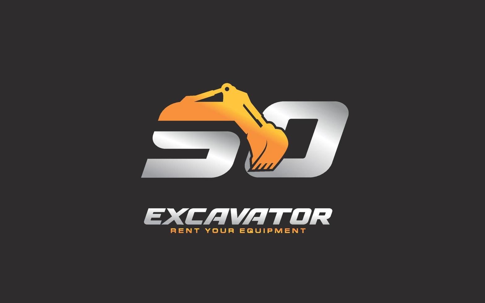 SO logo excavator for construction company. Heavy equipment template vector illustration for your brand.