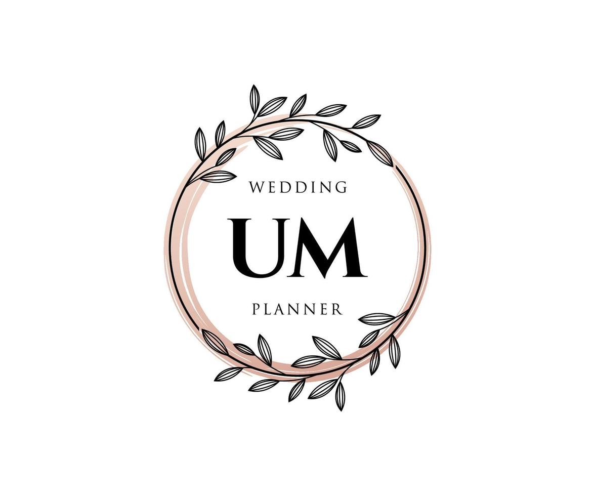 colección de logotipos de monograma de boda con letras iniciales de um, plantillas florales y minimalistas modernas dibujadas a mano para tarjetas de invitación, guardar la fecha, identidad elegante para restaurante, boutique, café en vector