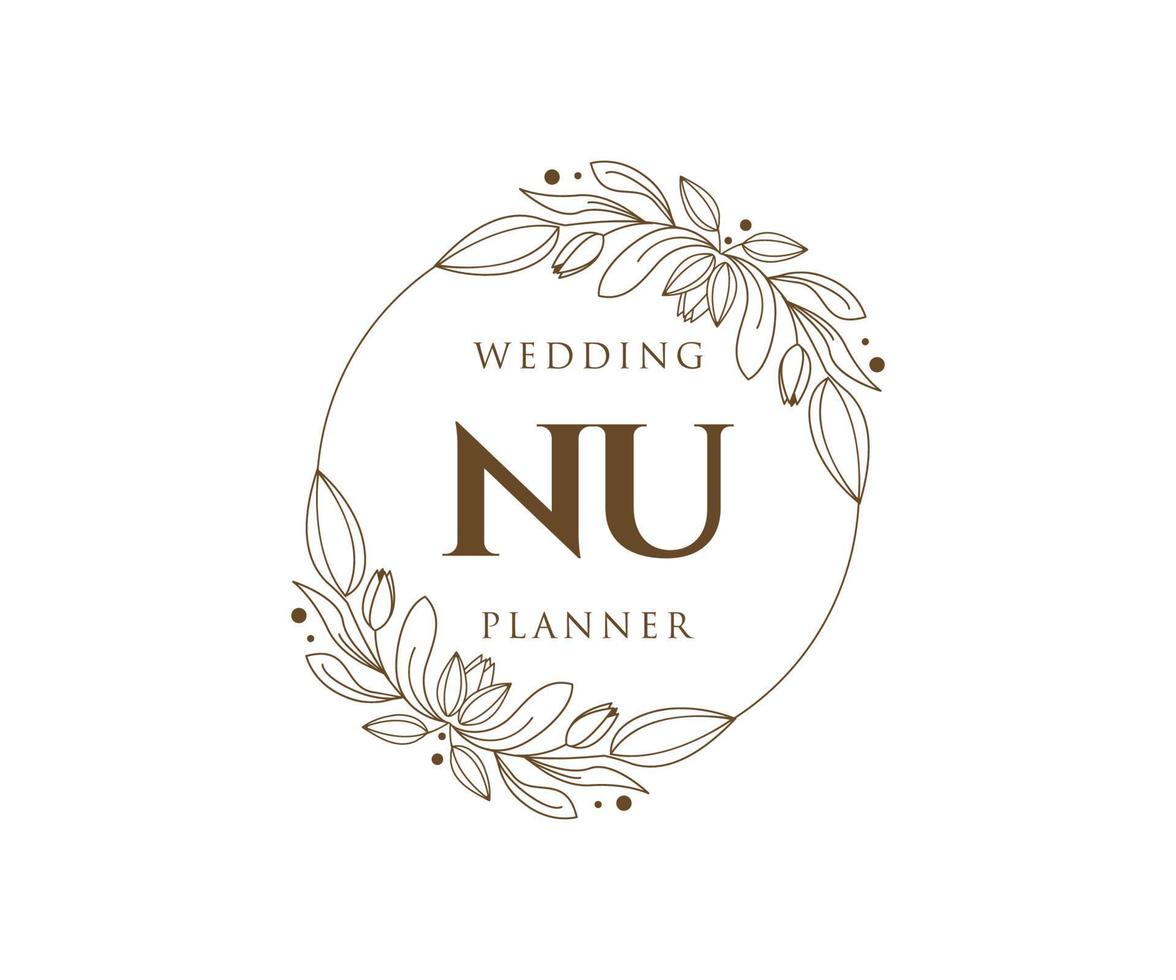 colección de logotipos de monograma de boda con letras iniciales nu, plantillas florales y minimalistas modernas dibujadas a mano para tarjetas de invitación, guardar la fecha, identidad elegante para restaurante, boutique, café en vector