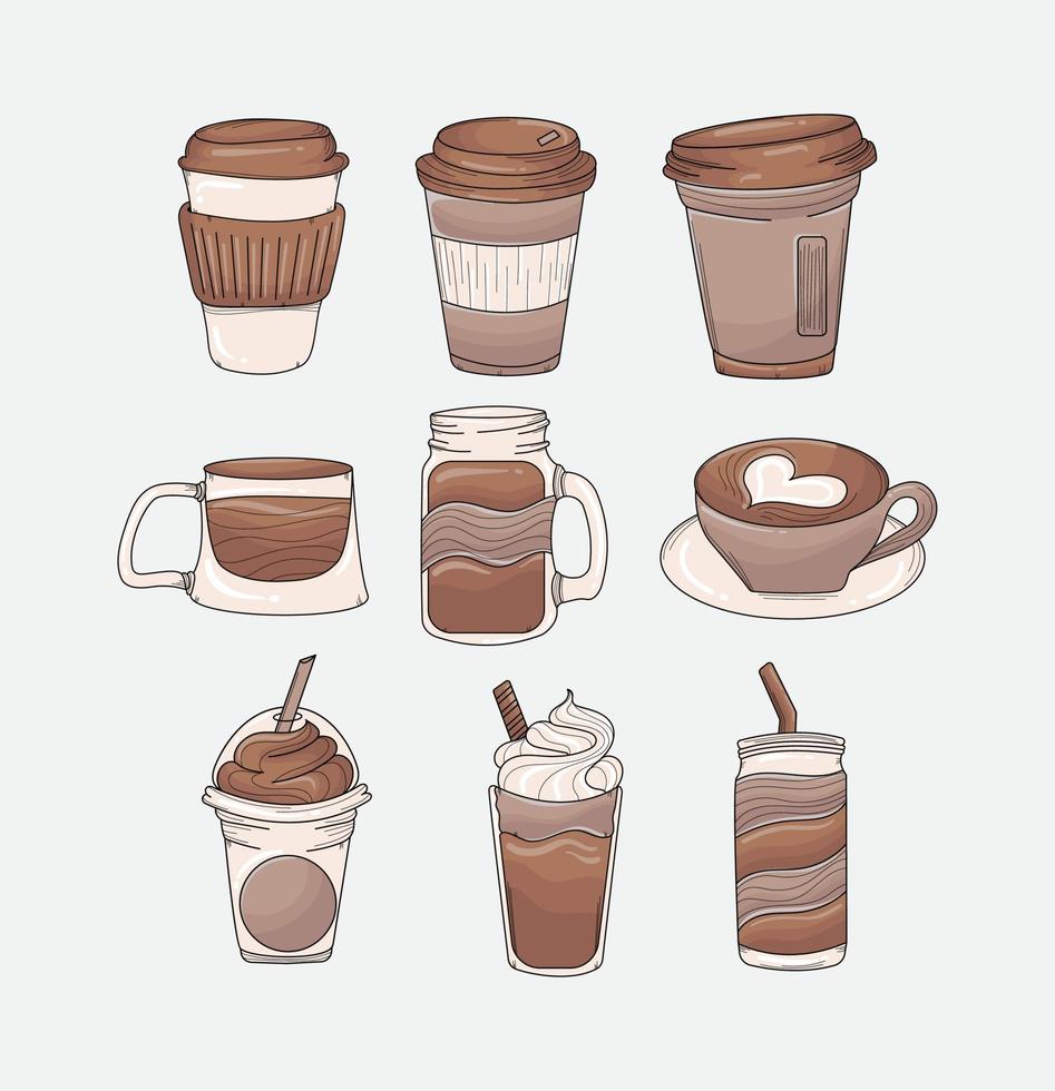 Different Types of Coffee to go, Iced Coffee, Hot Coffee Mugs Vector Graphics Collection