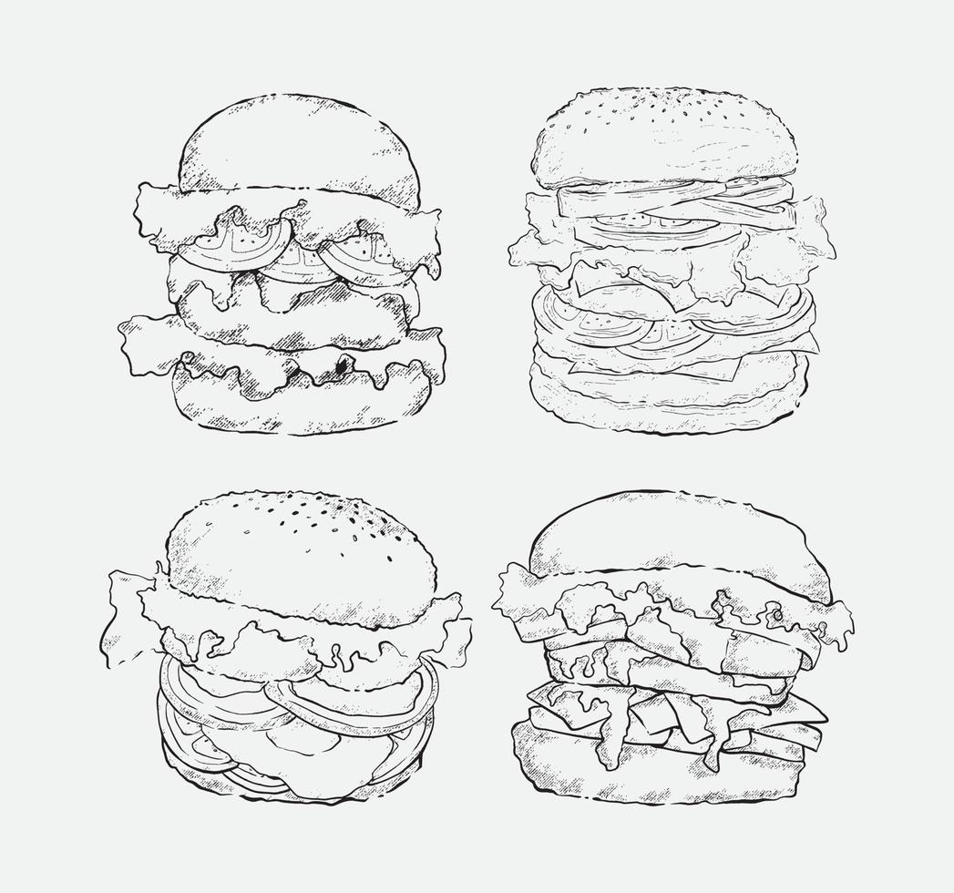 hamburguesa lineal llena de tomates, lechuga, queso y empanadas ilustración vectorial 02 vector