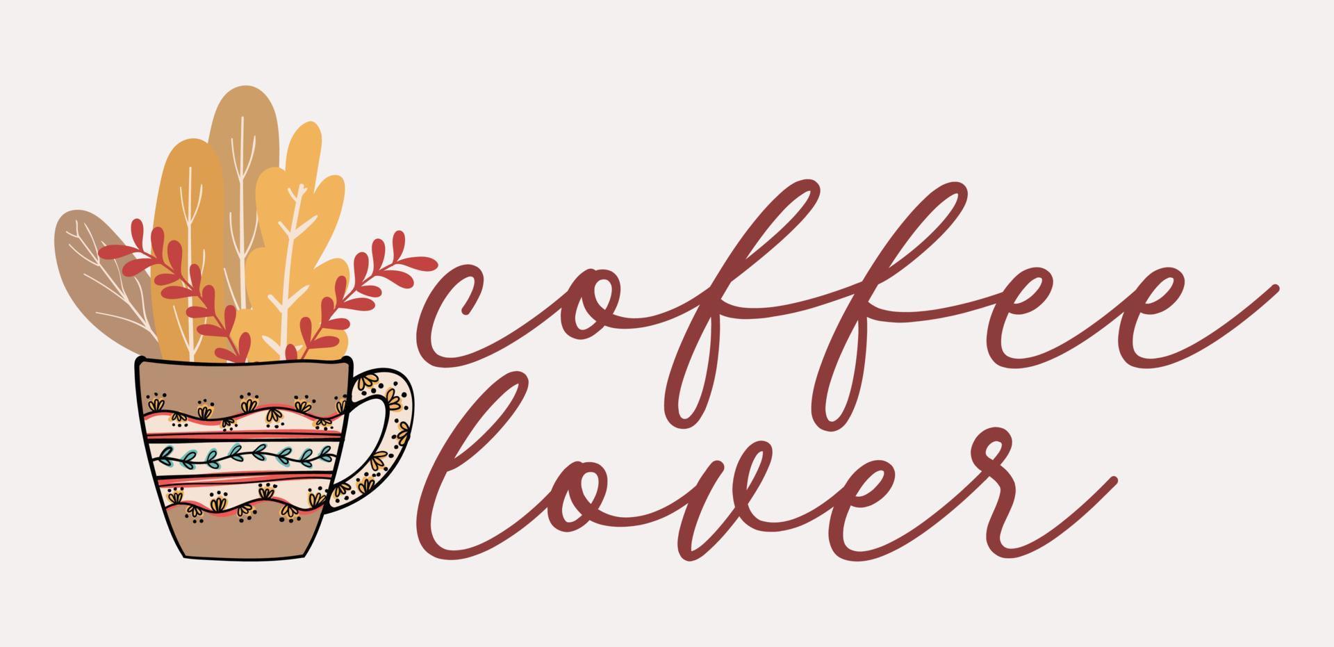 diseño de camiseta de tipografía amante del café con hojas de otoño escandinavo ilustración de impresión de sublimación de taza de café vector