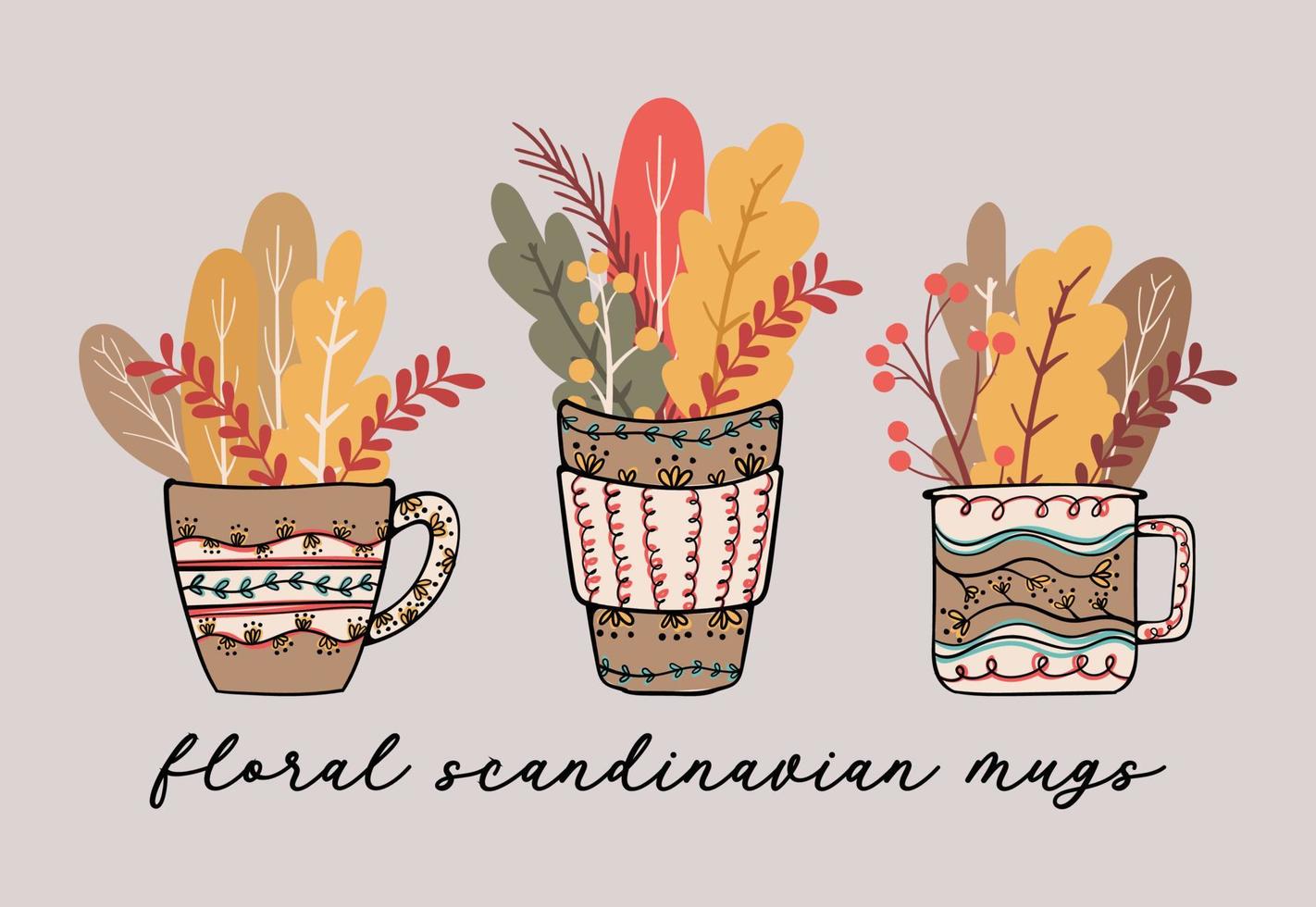 tazas escandinavas florales tazas de café y té de estilo retro ilustración vectorial 02 vector