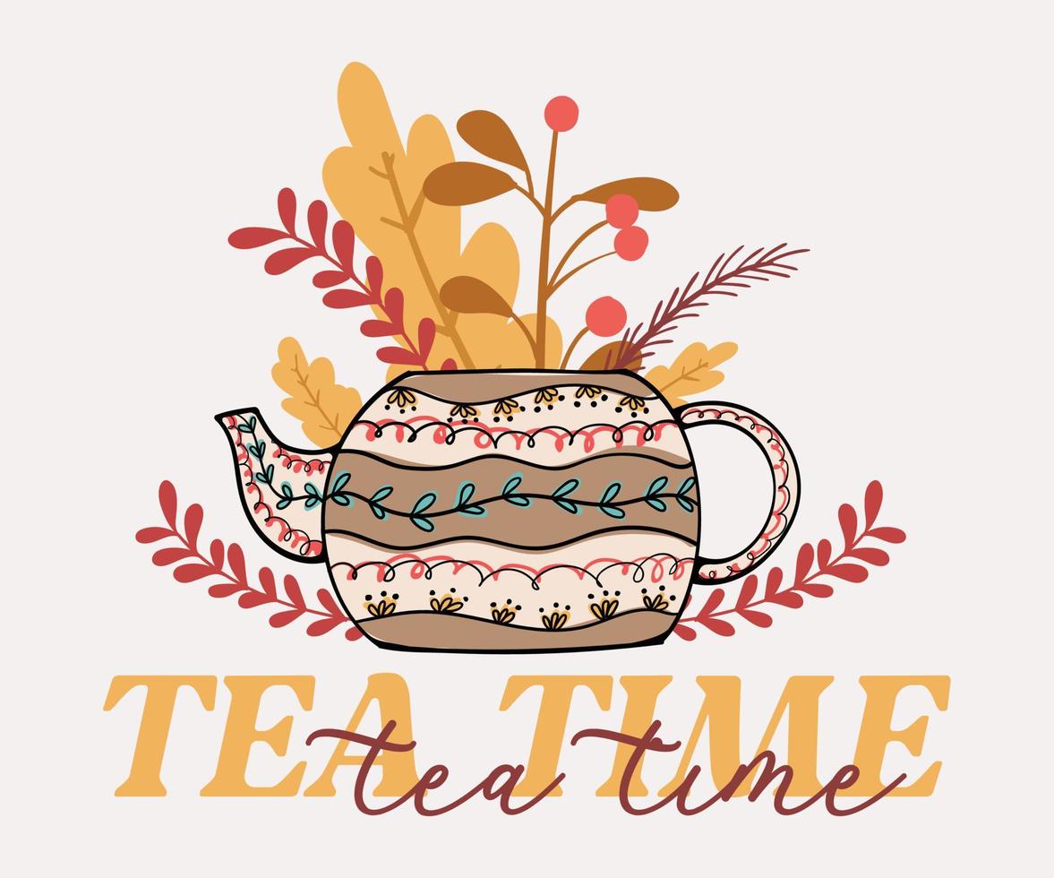 Tea Time Typography T-shirt Design with Scandinavian Floral Tea Mug Sublimation Print Illustration vector