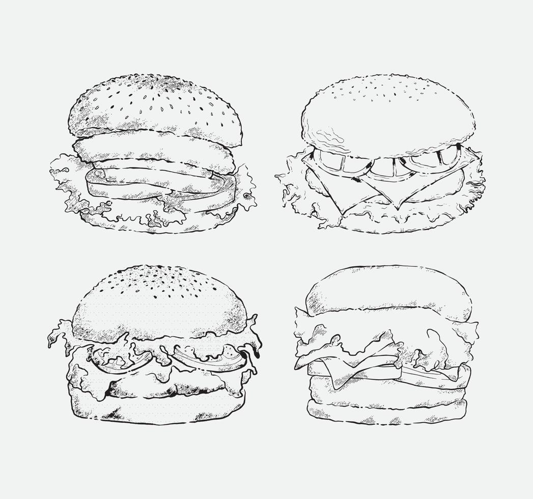 hamburguesa lineal llena de tomates, lechuga, queso y empanadas ilustración vectorial 01 vector