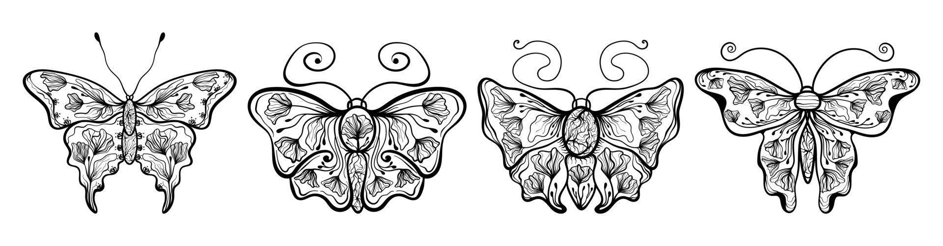 Boho Floral Butterfly Moth Insect Lineart Set Vector Illustration 02
