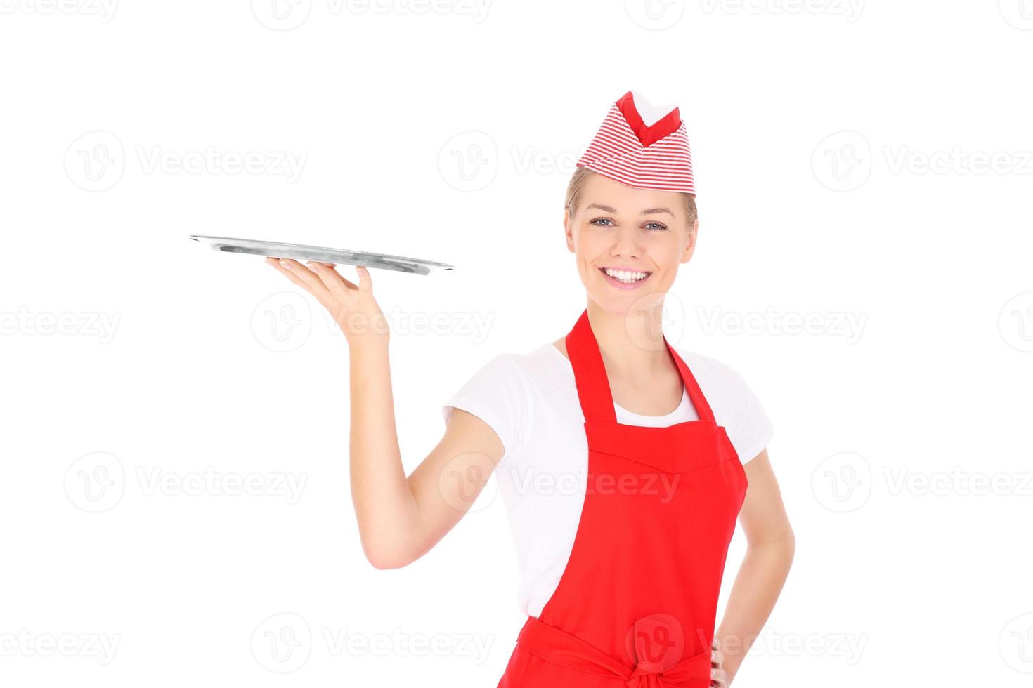 Happy waitress with a tray photo