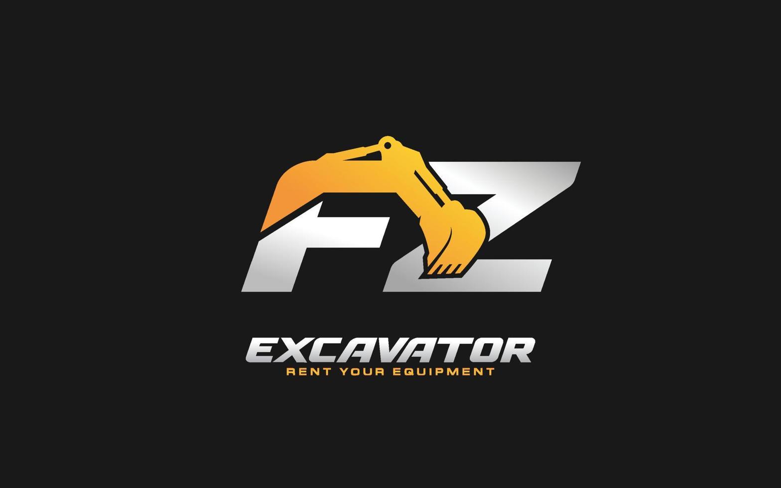 FZ logo excavator for construction company. Heavy equipment template vector illustration for your brand.
