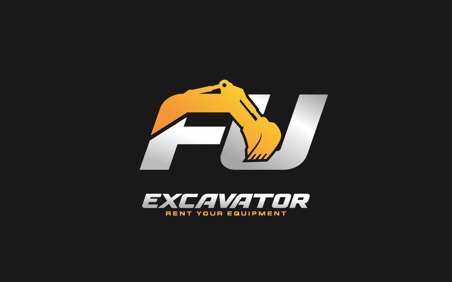 FU logo excavator for construction company. Heavy equipment template vector illustration for your brand.