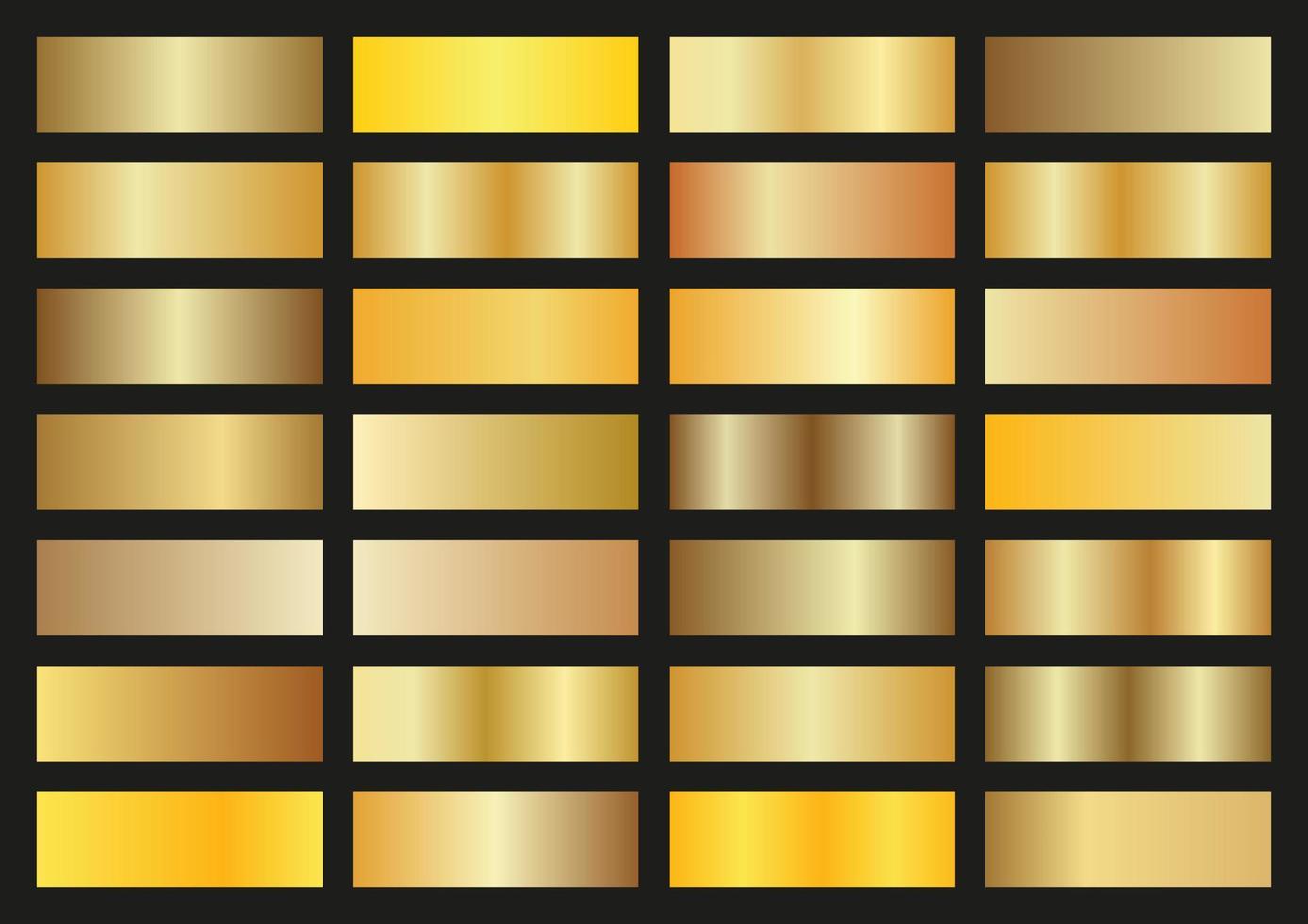 Vector set of gold metallic gradients. Swatches collection. Shiny gradient set on black background. Metal texture