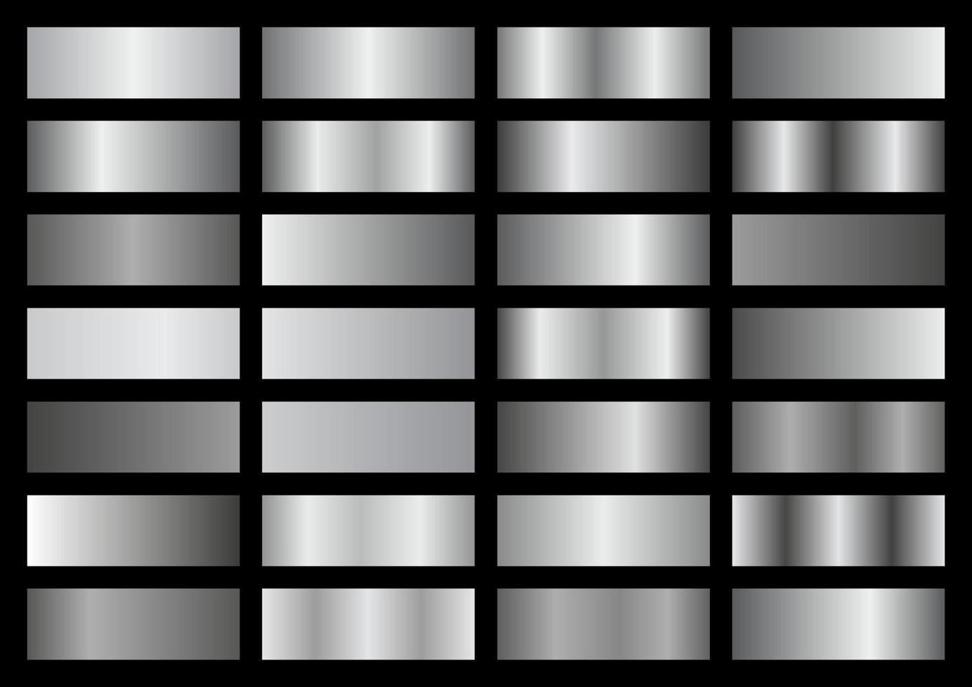 Vector set of silver metallic gradients. Swatches collection. Shiny gradient set on black background. Metal texture