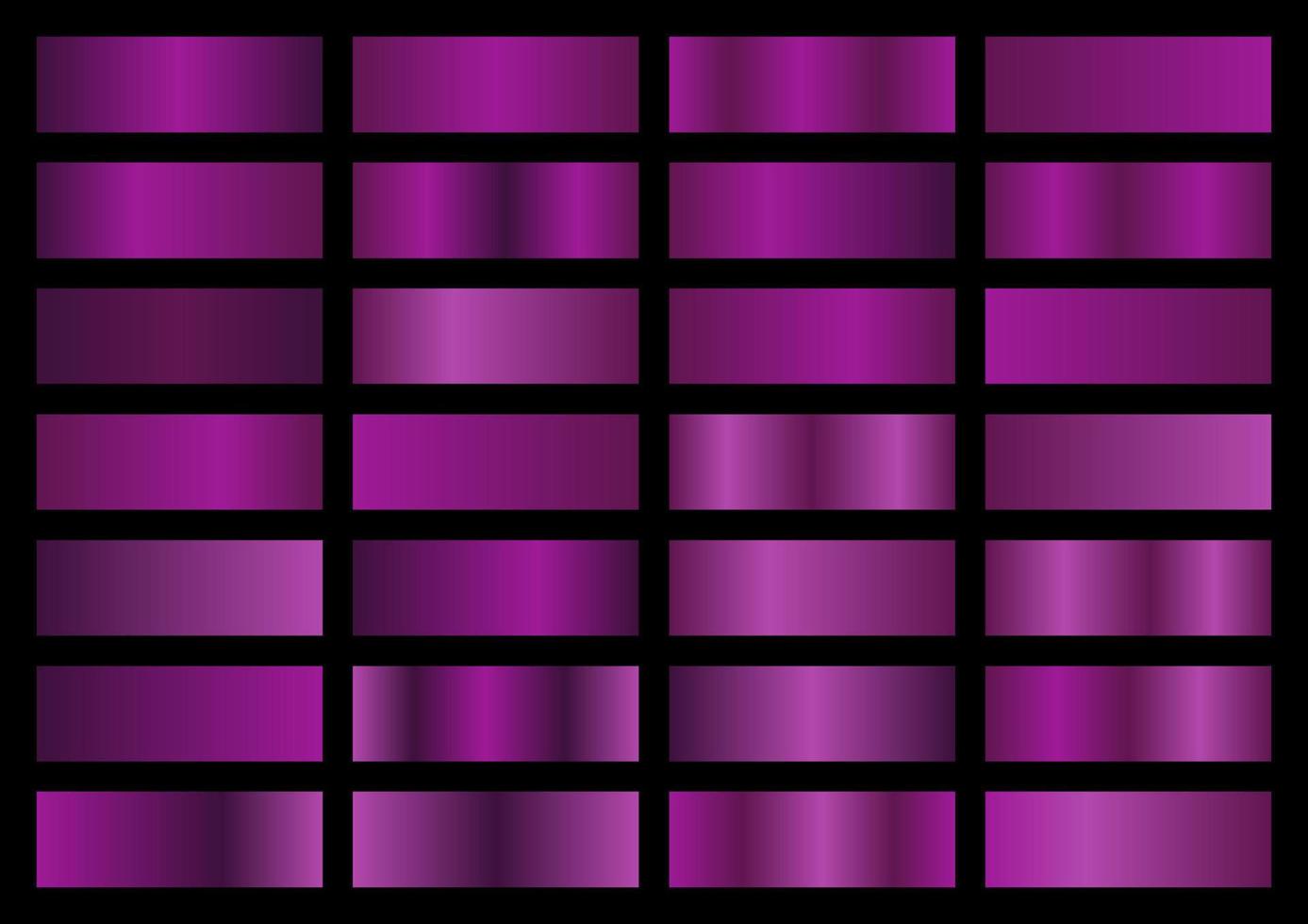 Vector set of purple metallic gradients. Swatches collection. Shiny gradient set on black background. Metal texture.