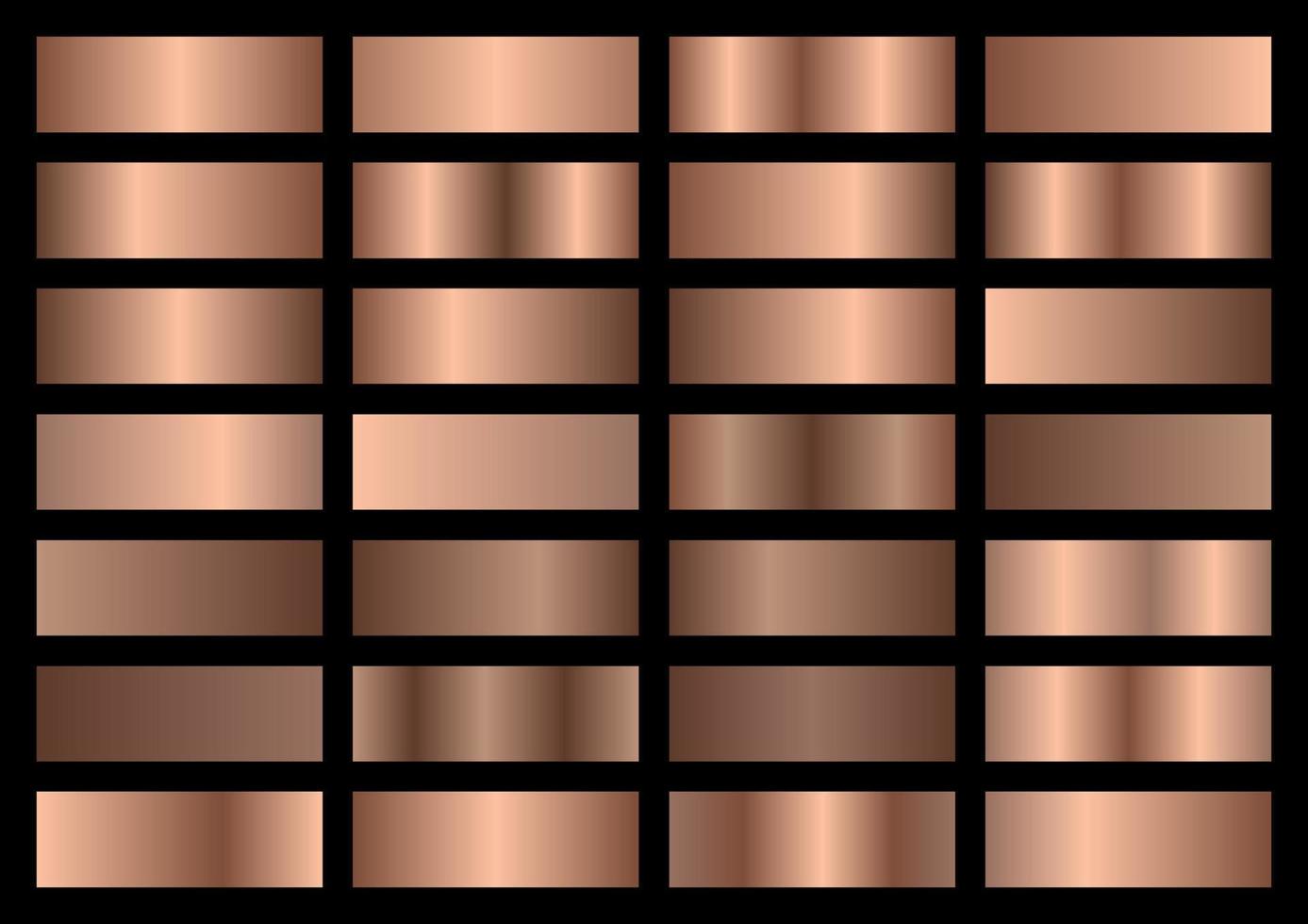 Vector set of bronze metallic gradients. Swatches collection. Shiny gradient set on black background. Metal texture