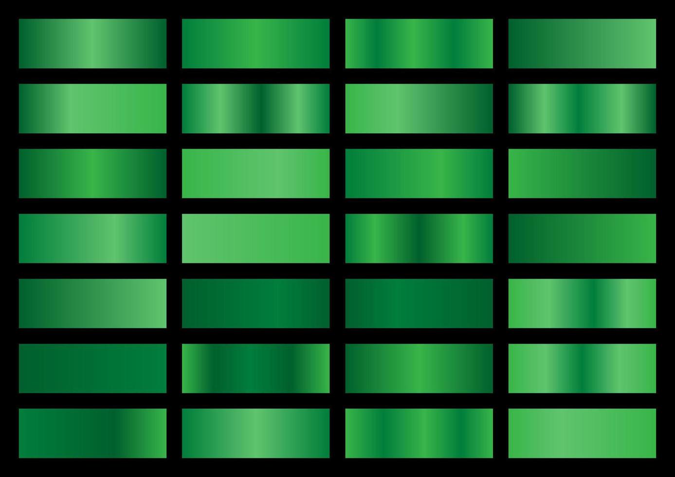 Vector set of green metallic gradients. Swatches collection. Shiny gradient set on black background. Metal texture