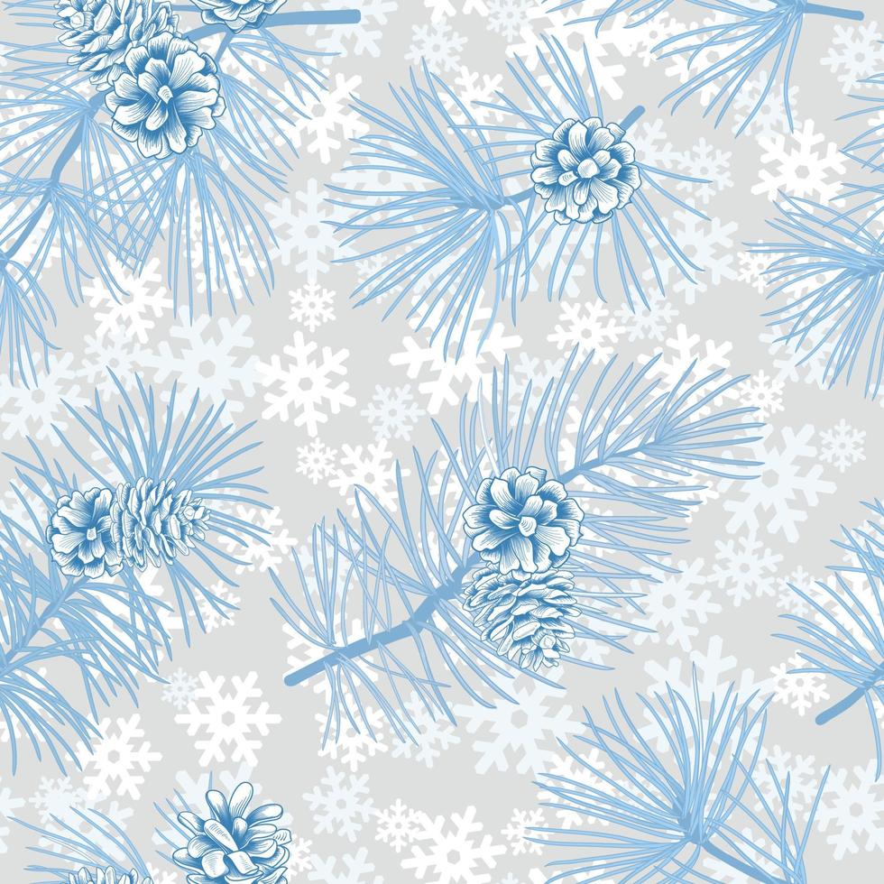 Winter forest seamless pattern with pine branches and cones. Evergreen floral christmas vector illustration. Engraving hand-drawn nature background.