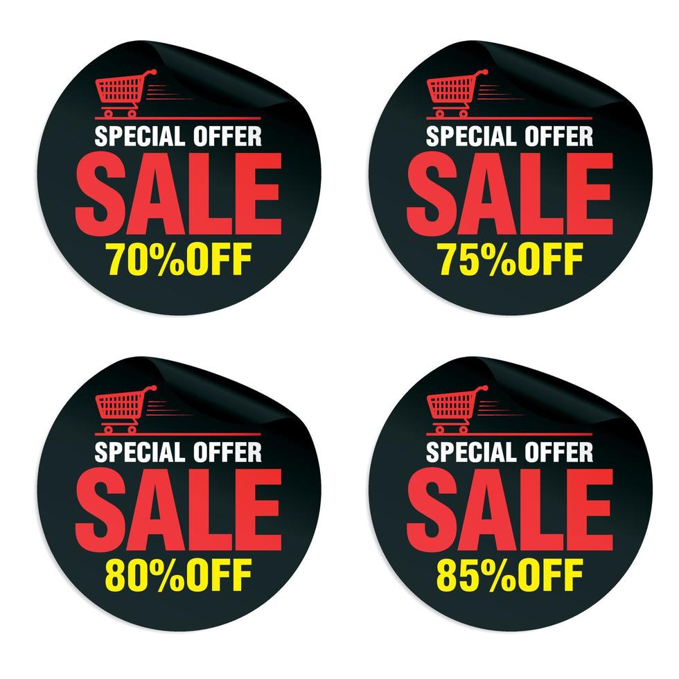 Black sale . stickers set with shopping cartSpecial offer 70, 75, 80, 85 off vector