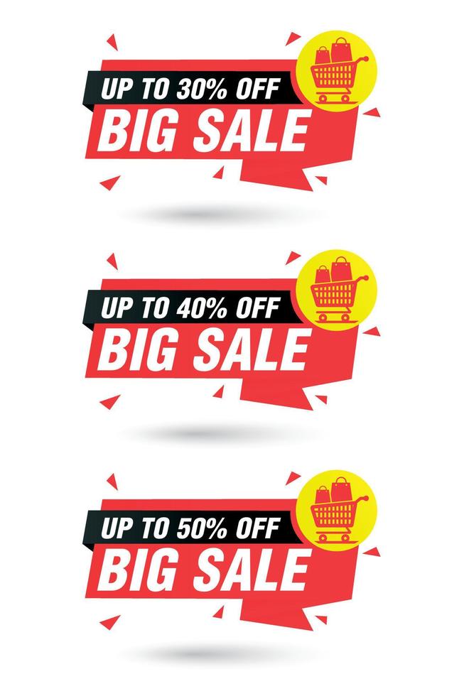 Big sale red origami set with shopping cart. Sale 30, 40, 50 off discount vector