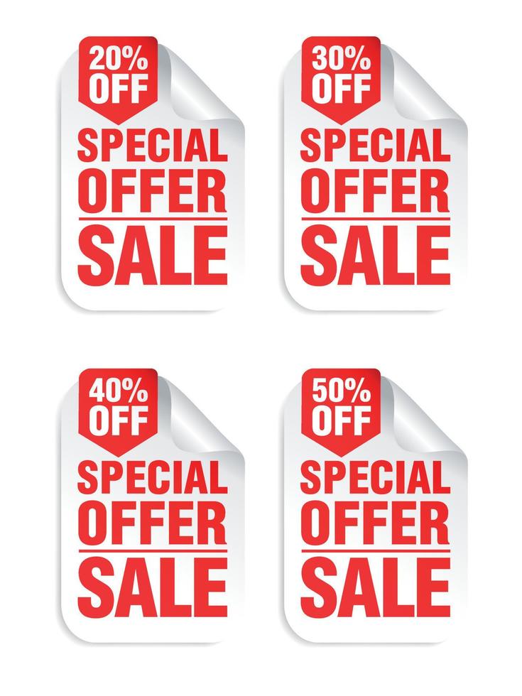 White sale stickers set with red ribbon. Sale 20, 30, 40, 50 off discount vector