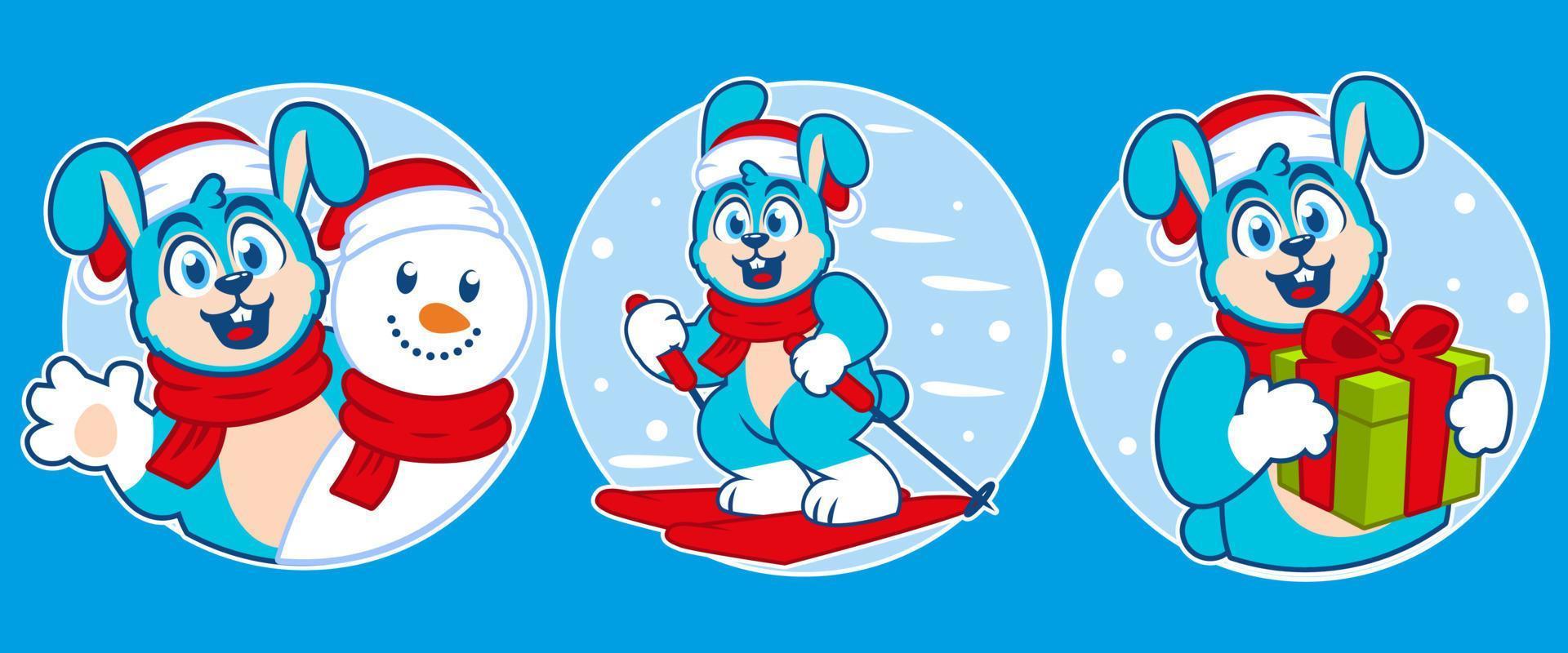 flat design bunny winter christmas stickers vector