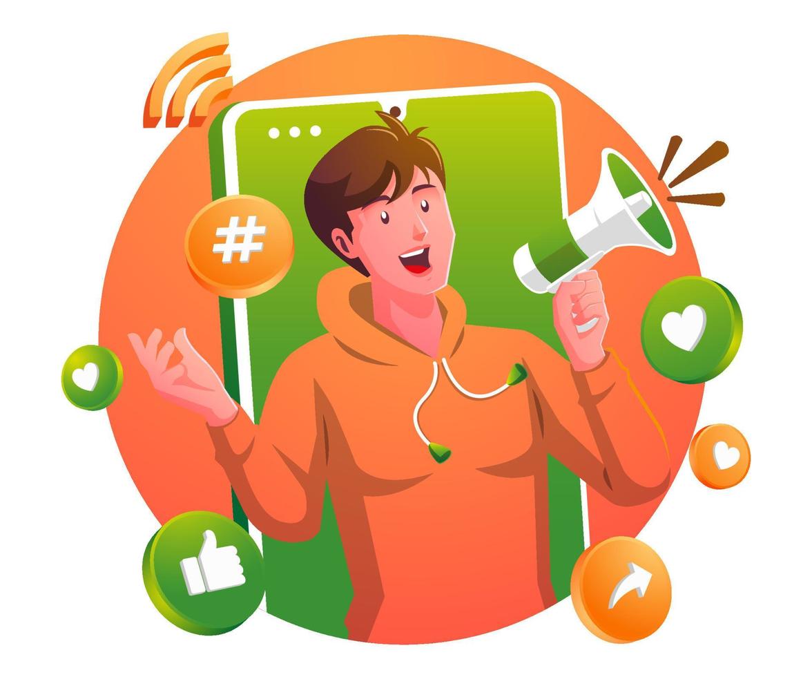a man using megaphone Concept of internet promotion, social media marketing, digital advertisement vector
