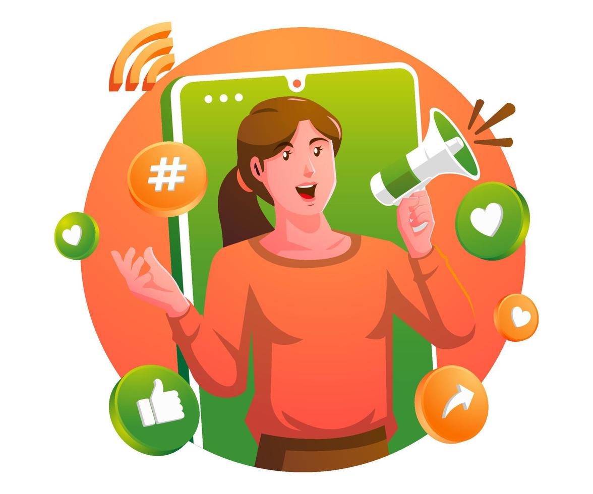 a woman using megaphone Concept of internet promotion, social media marketing, digital advertisement vector