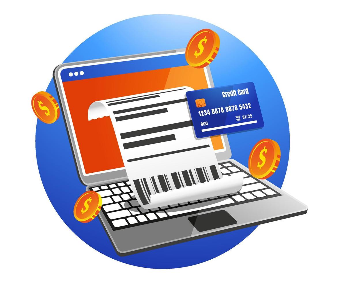 Bill of expenses is on laptop, Online shopping via laptop and credit card vector