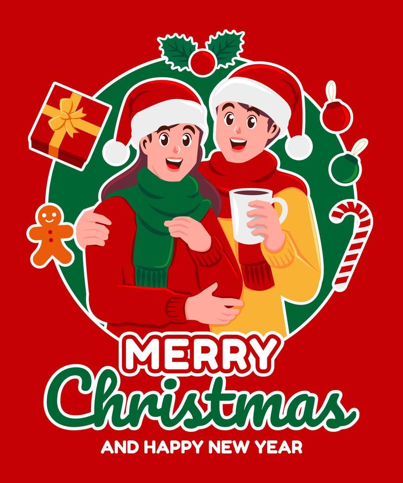 couple celebrating christmas, merry christmas and happy new year greeting cards vector