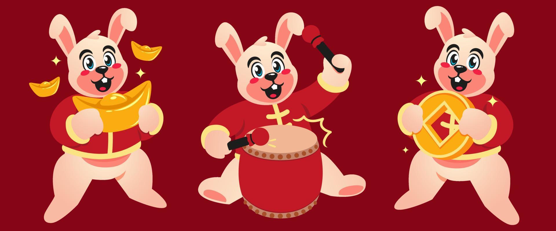 chinese new year celebration with rabbit set vector