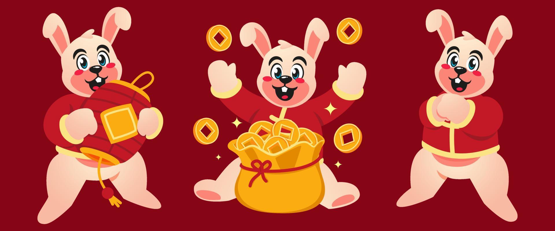 chinese new year celebration with rabbit set vector