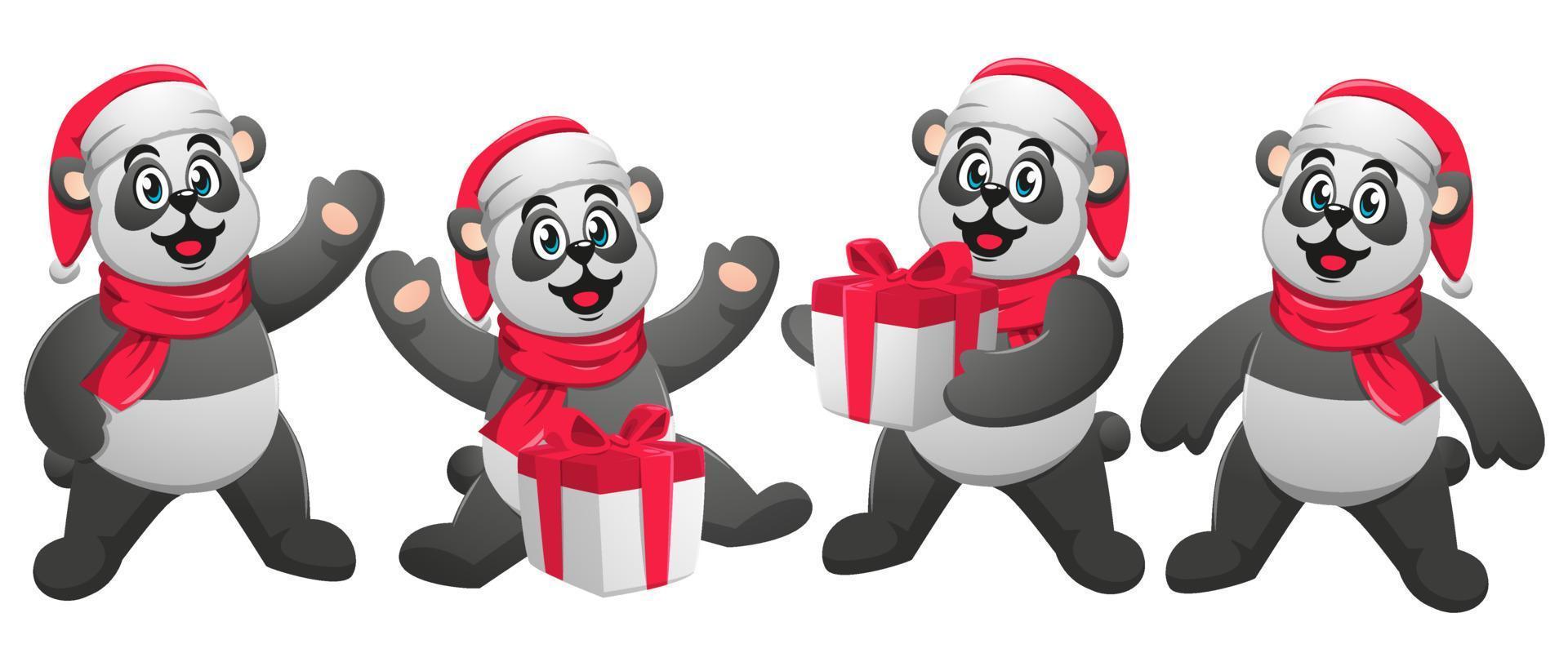 lindo panda celebrando la navidad y llevando cajas de regalo vector