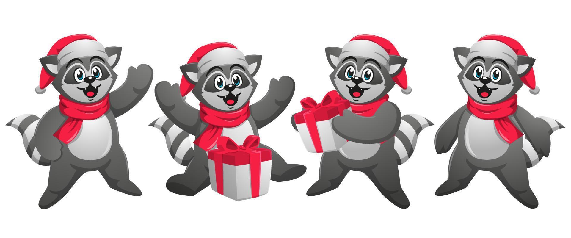 Cute raccoon celebrating christmas and carrying gift boxes vector