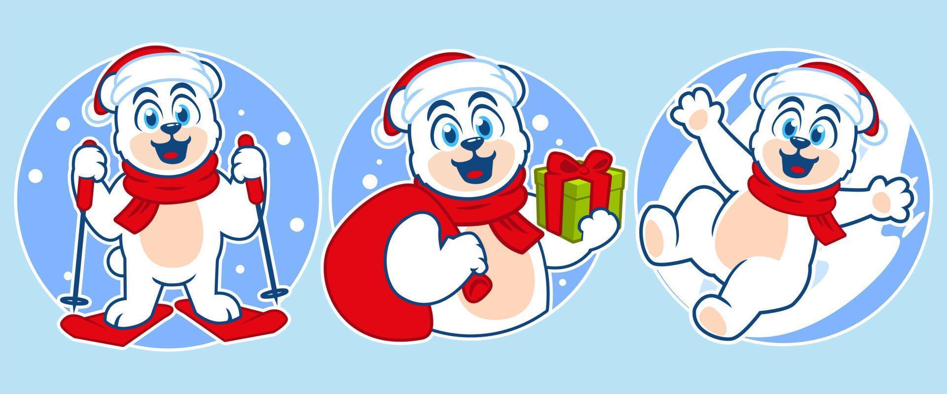 flat design polar bear winter christmas stickers vector