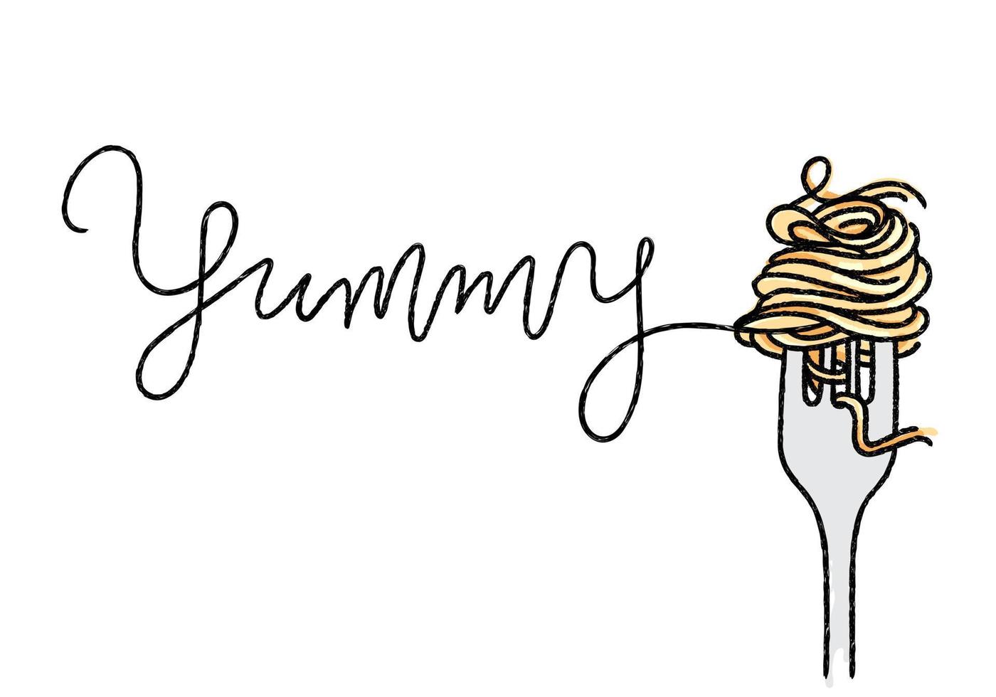 spaghetti roll with fork line art and yummy typography vector illustration