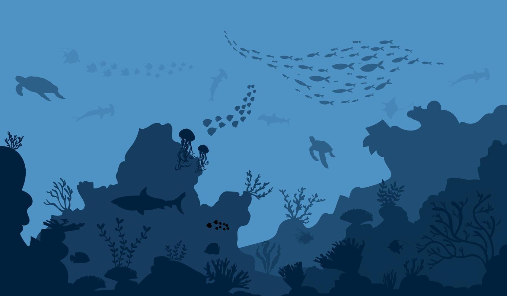 silhouette of coral reef with fish and divers on blue sea background underwater vector illustration