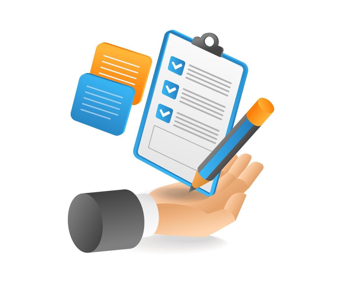 Flat isometric 3d illustration of planning notes over hand vector