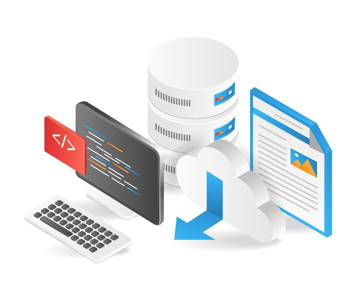 Flat isometric 3d illustration programmer web hosting database vector