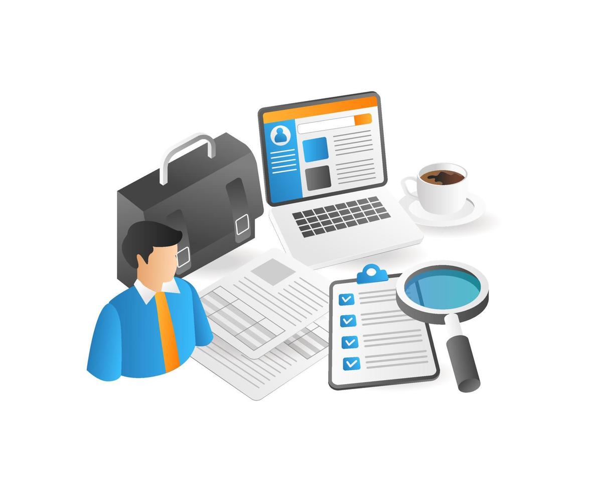 Isometric flat 3d illustration concept of business man with work desk vector