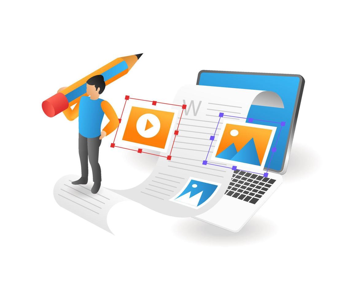 Flat isometric 3d illustration creative man set blogger article pictures vector
