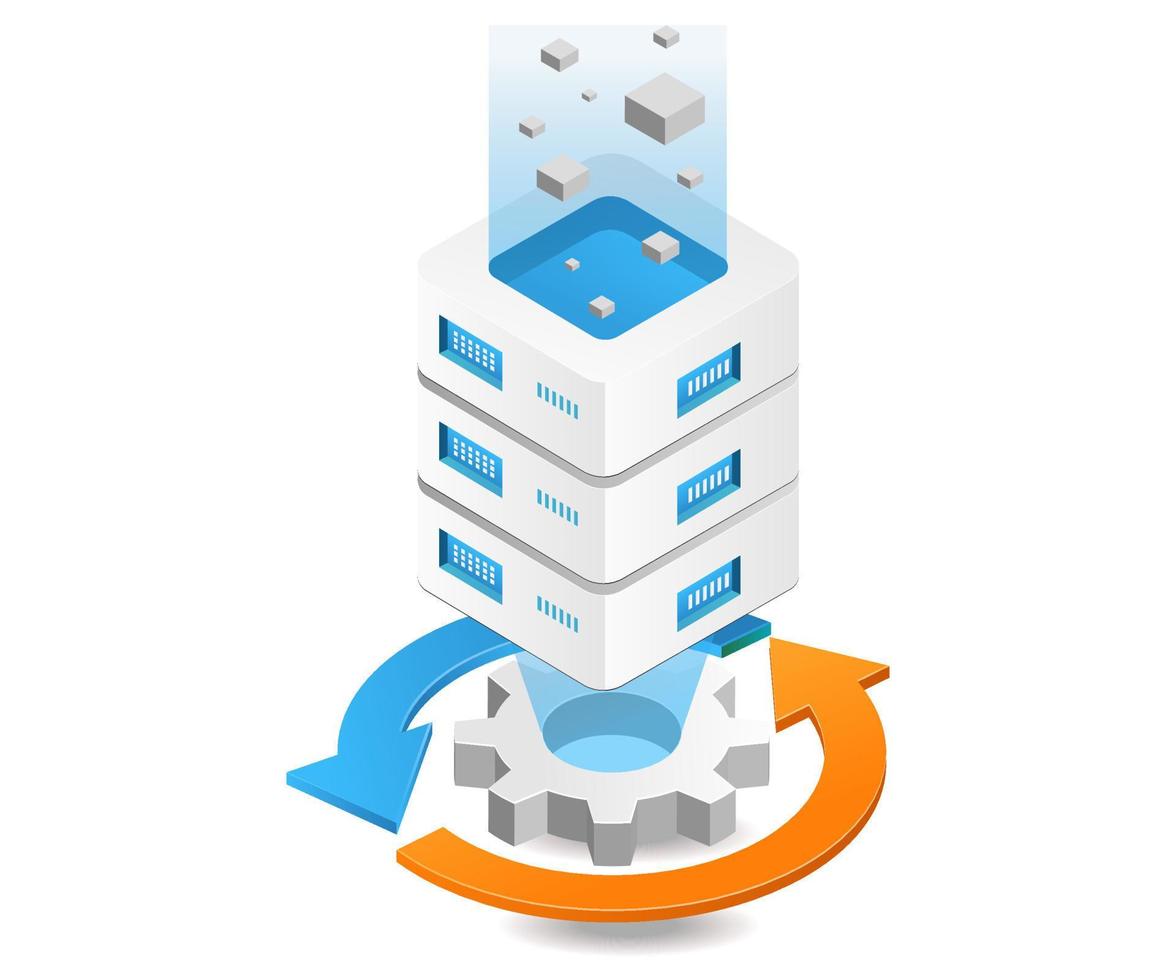 Flat isometric 3d illustration server defragment process vector