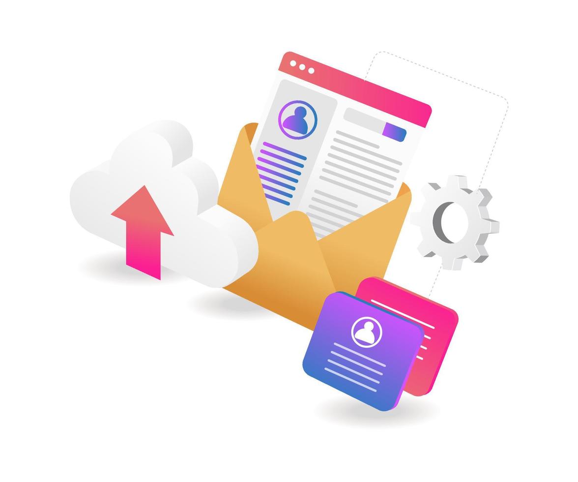 Flat isometric concept illustration. Analytics earn money from video contentFlat isometric 3d illustration personal data email cloud server vector