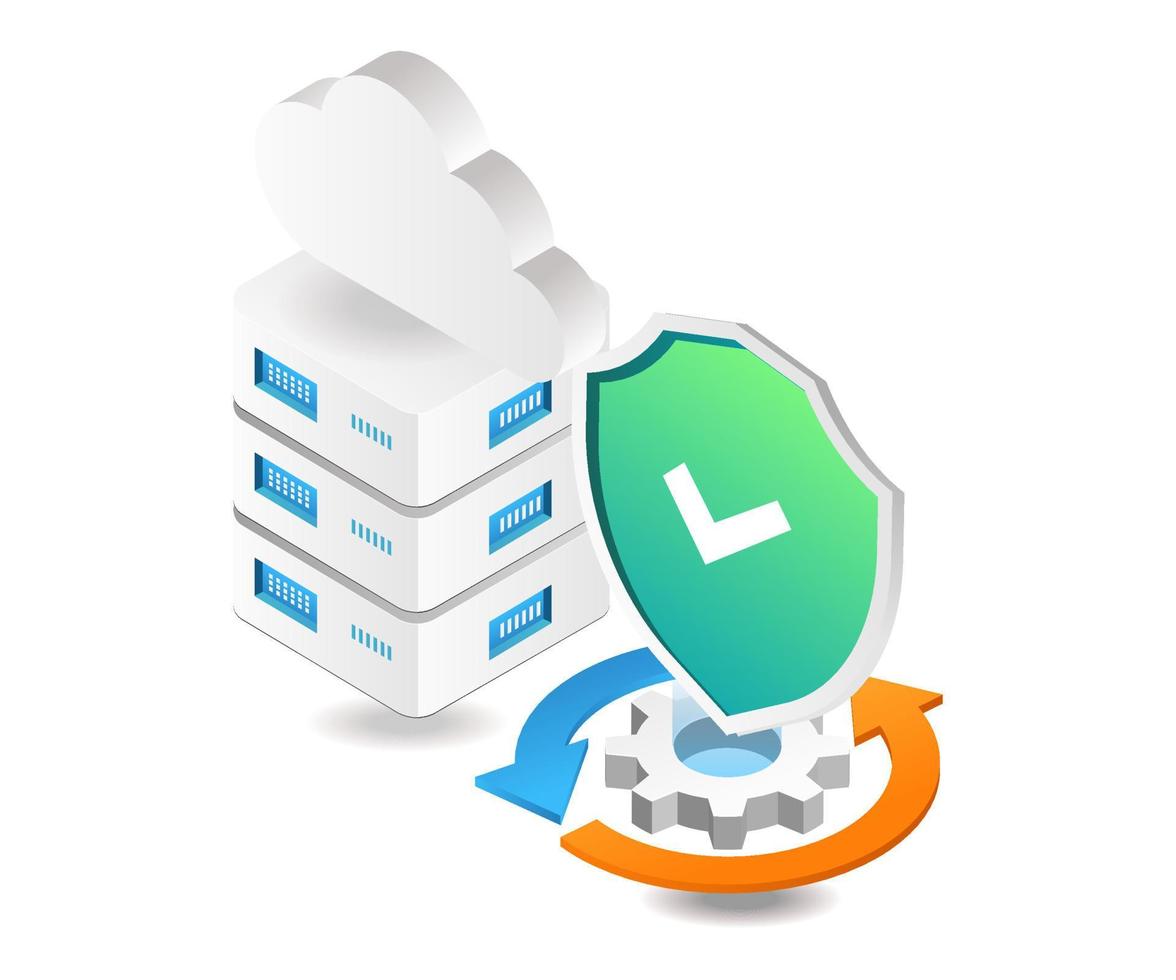 Flat isometric 3d illustration cloud server data security process vector