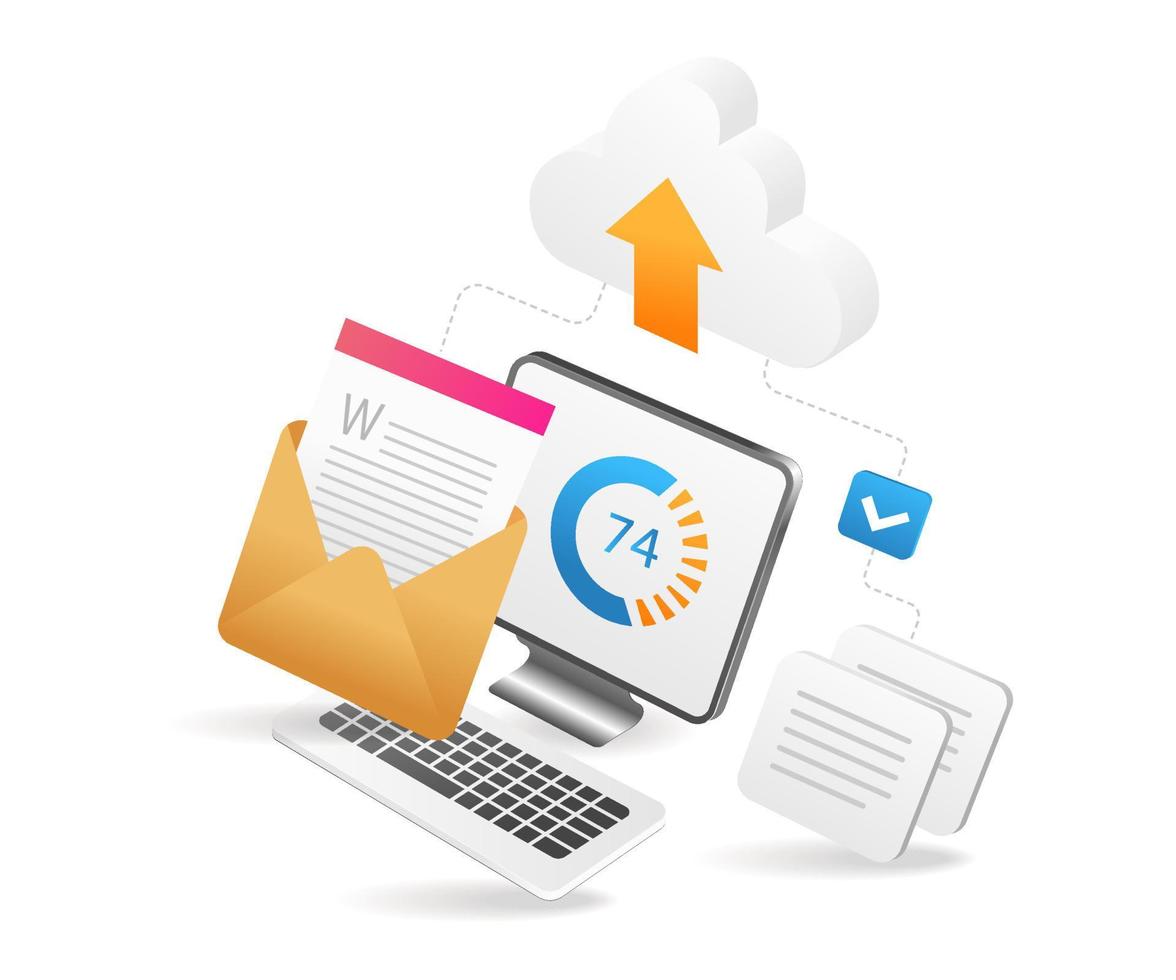 Flat isometric 3d illustration process of sending data to cloud server vector