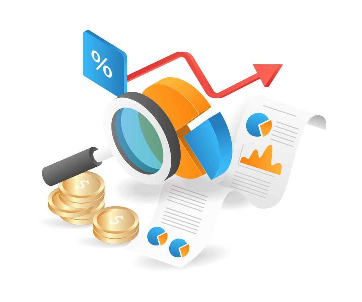 Flat isometric 3d illustration pie chart business development analysis vector