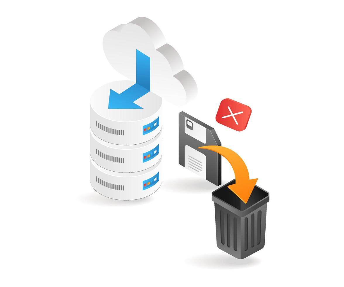 Flat isometric 3d illustration deleting data from database cloud server vector