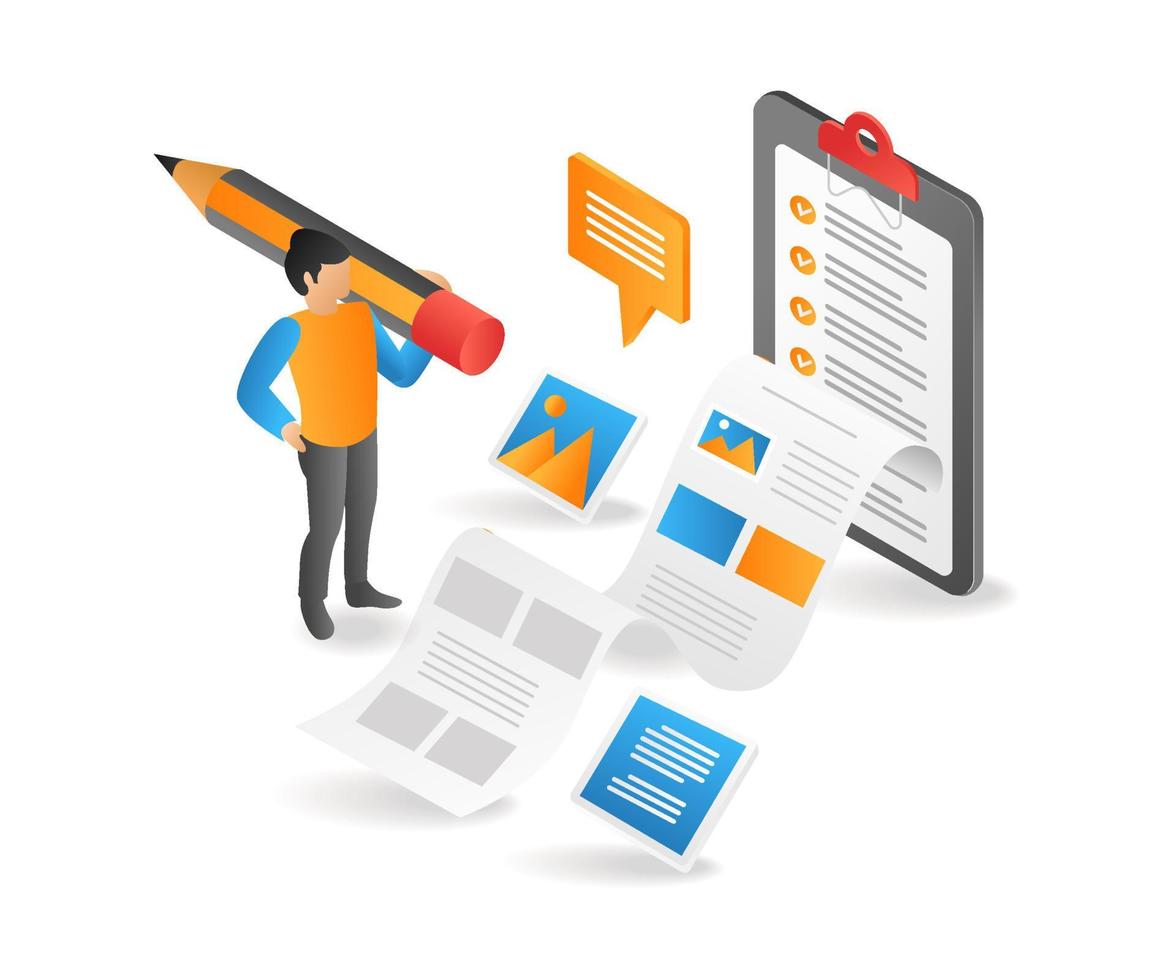Flat isometric 3d illustration creative man make blogger article concept vector