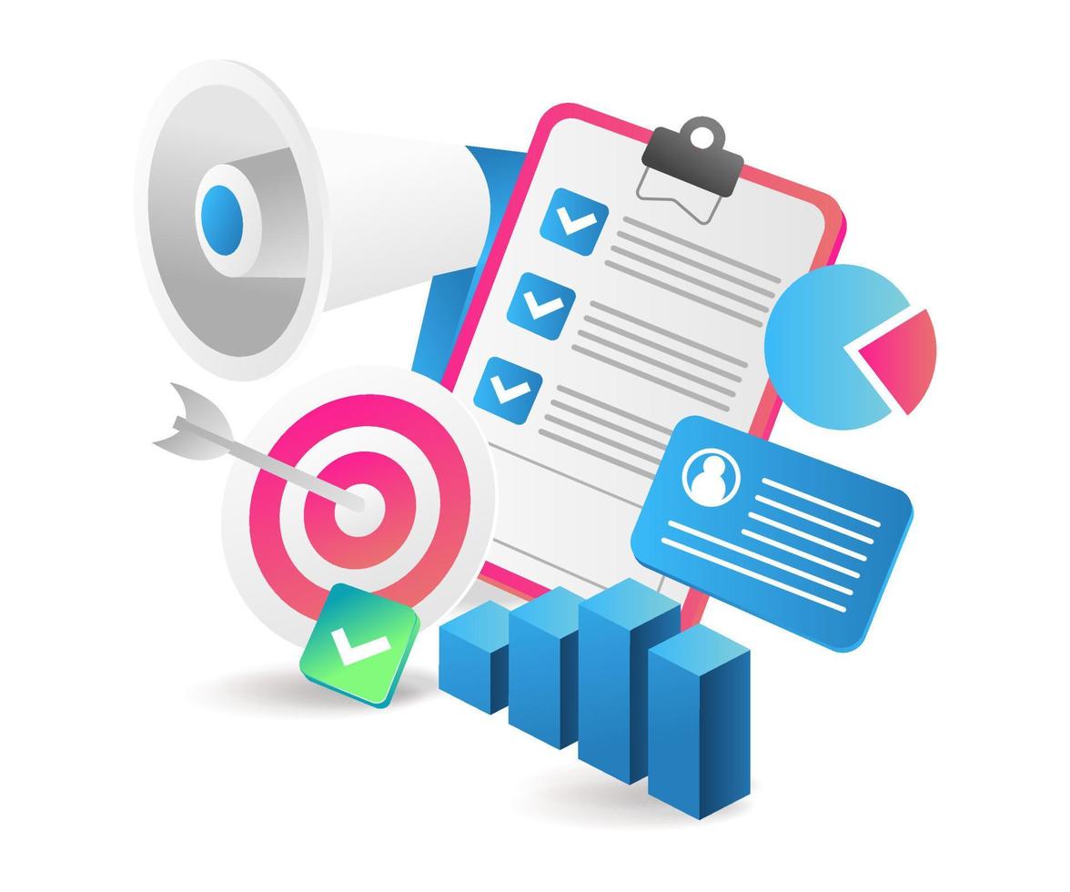 Flat isometric 3d illustration online business plan checklist campaign vector
